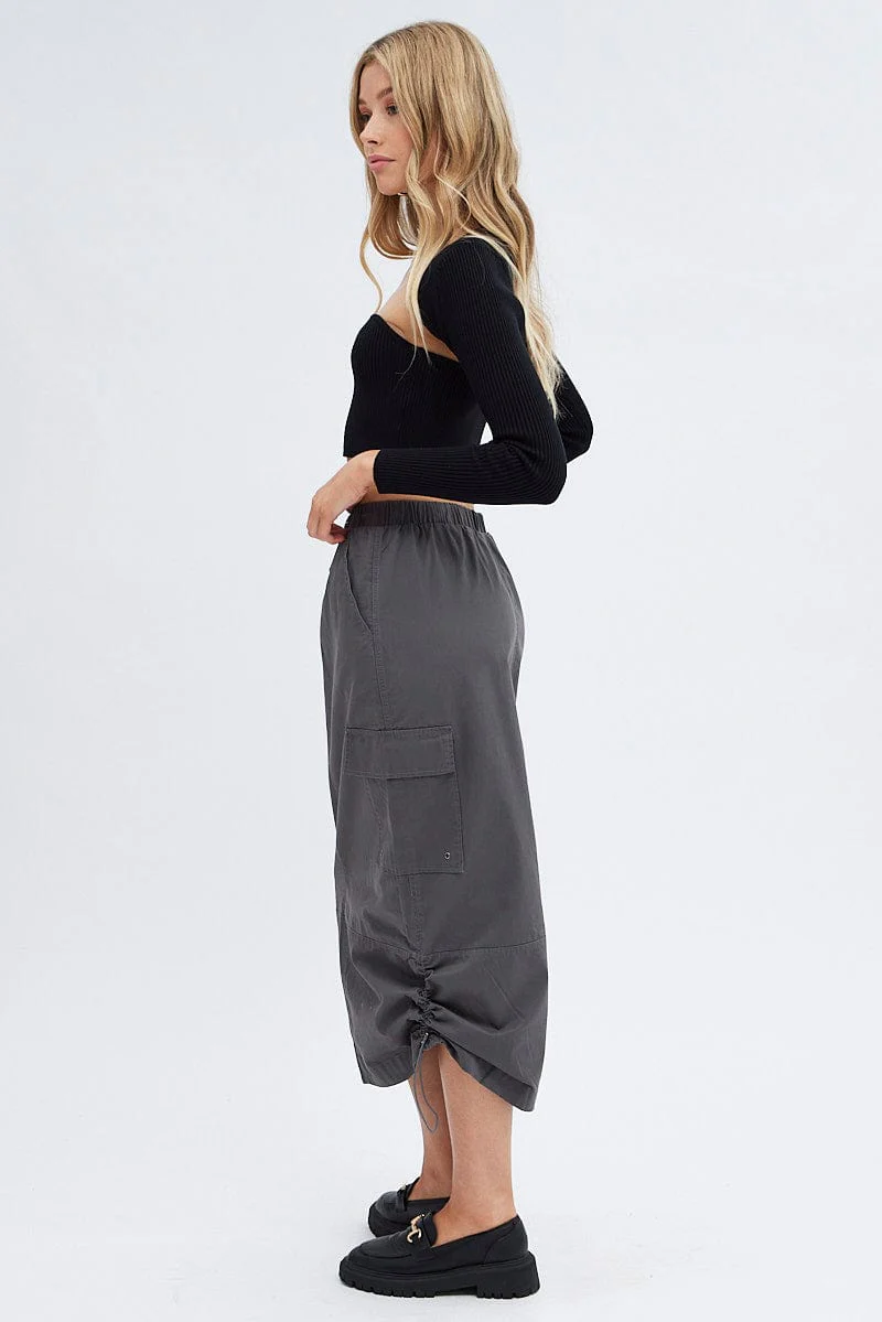 Grey Parachute Cargo Skirt Low Rise Midi