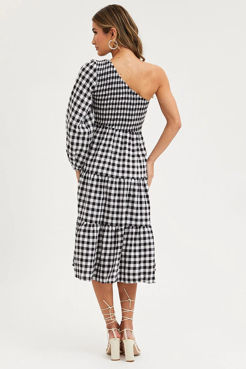 Check Dress One Shoulder Midi