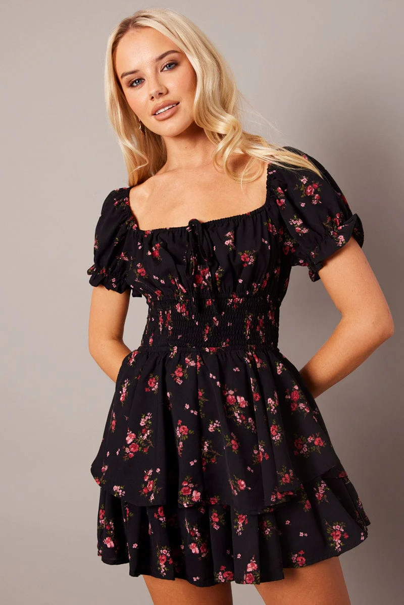 Black Ditsy Playsuit Short Sleeve