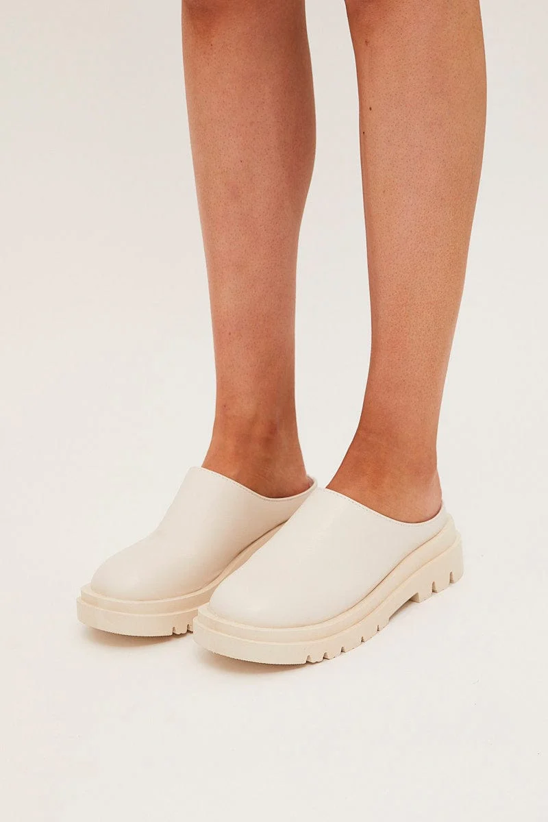 White Chunky Sole Flat Mules