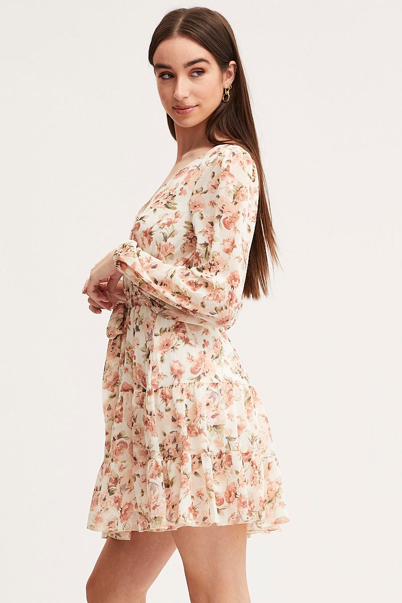 Print Mini Dress Long Sleeve V Neck