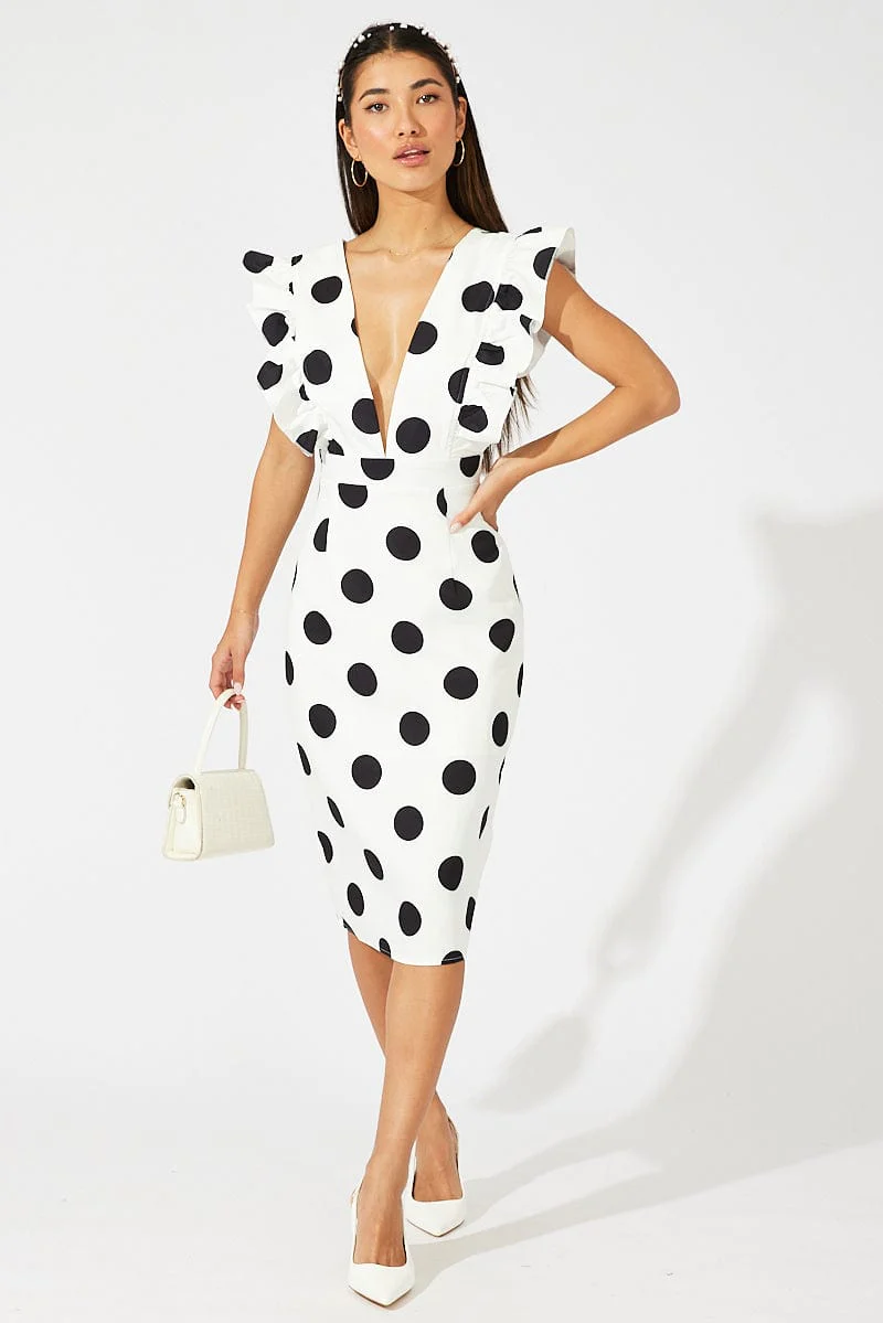 Black Polka Dot Midi Dress Plunge Ruffle Shoulder Oversized Polka