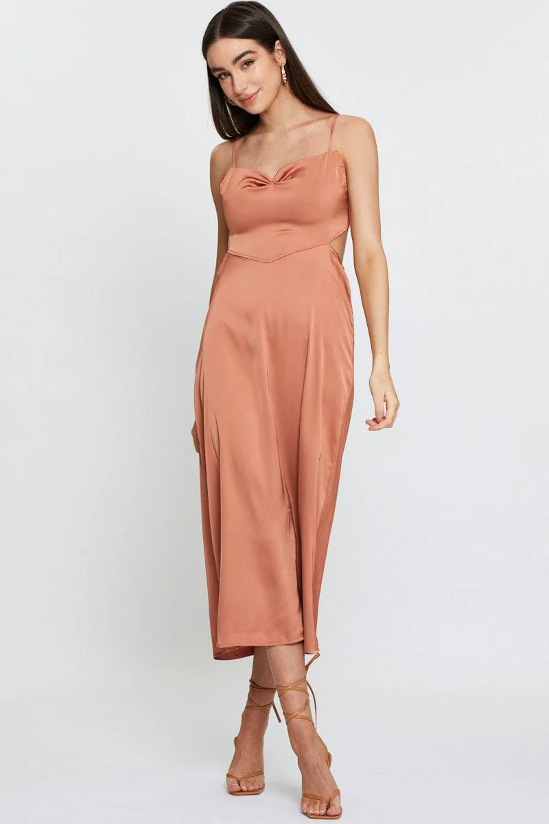 Brown Midi Dress Cowl Neck Satin