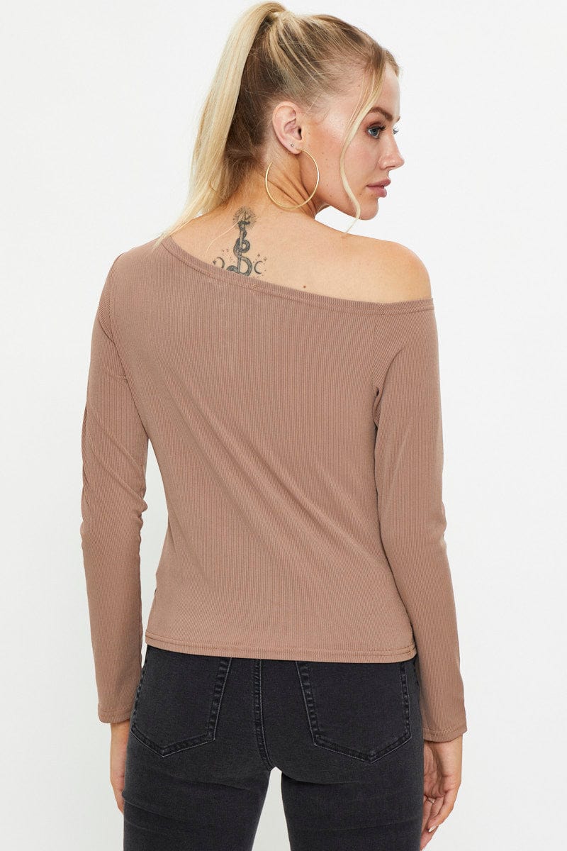 Brown Snap Button Off Shoulder Knit