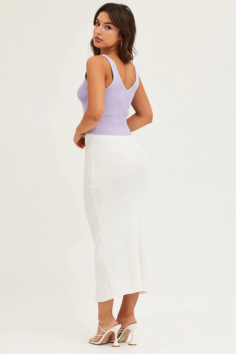 White Slit Kint Midi Skirt