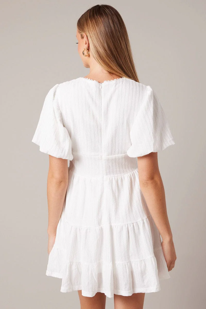 White Fit And Flare Dress Puff Sleeve