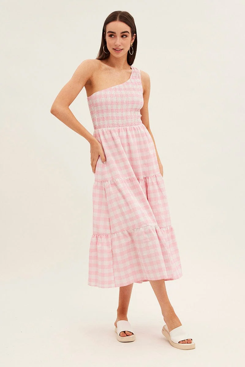 Pink Check Midi Dress One Shoulder Shirred Body