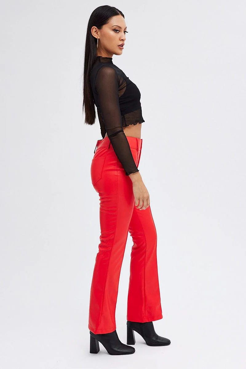 Red Flare Leg Pants Mid Rise Faux Leather