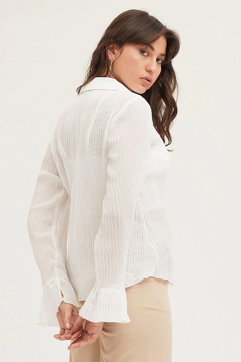 White Pleated Shirt Long Flare Sleeve