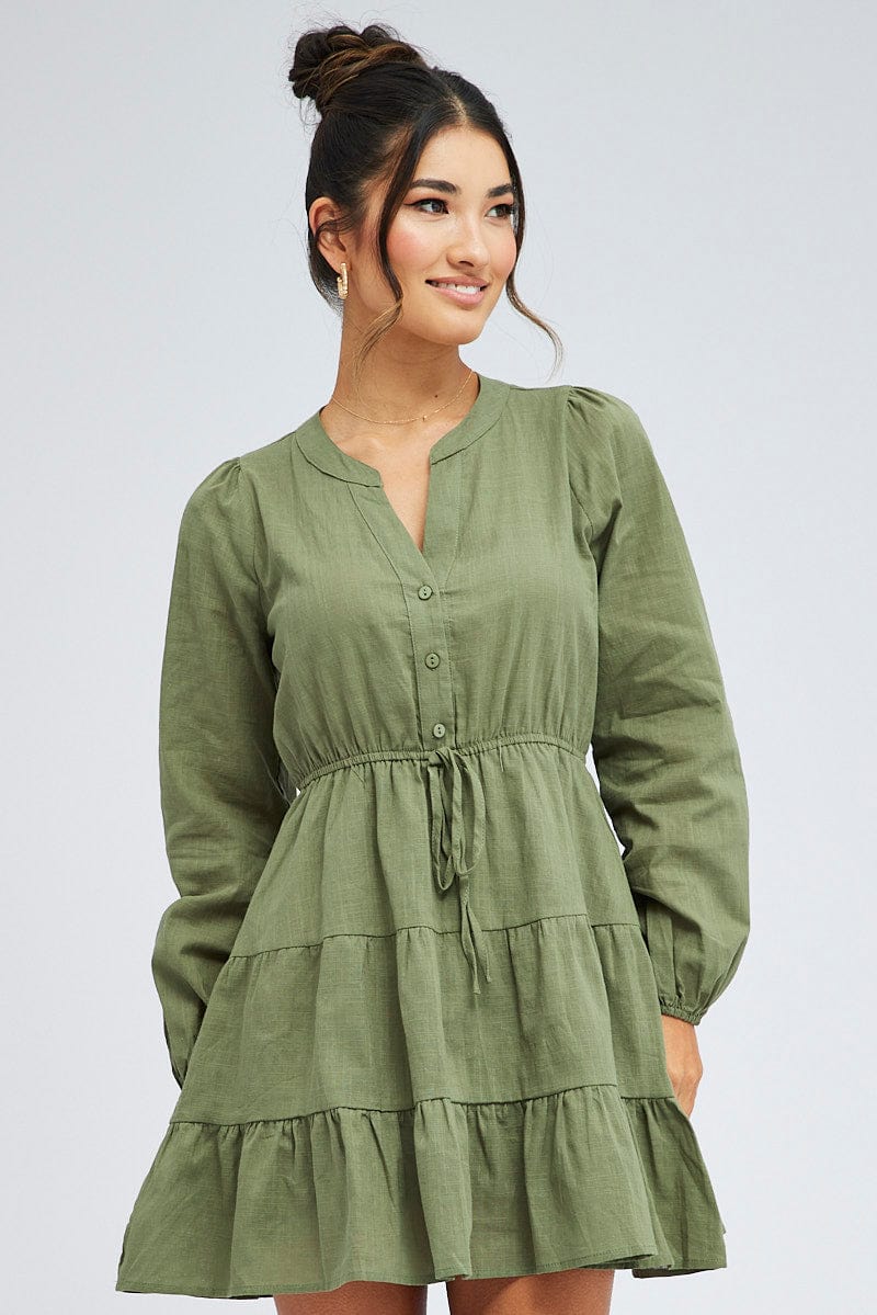 Green Shirt Dress Long Sleeve Tiered