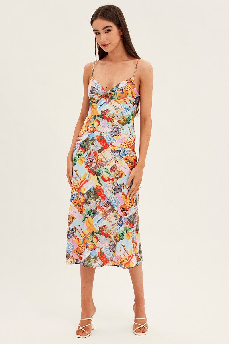 Orange Abstract Slip Dress Satin Midi Postcard Holiday Print