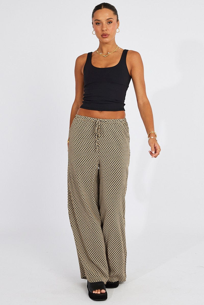 Beige Geo Wide Leg Pants Drawstring Waist