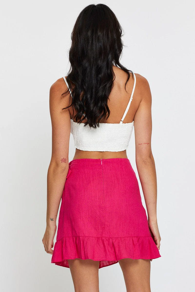 Pink Linen Blend Frilled Wrap Mini Skirt