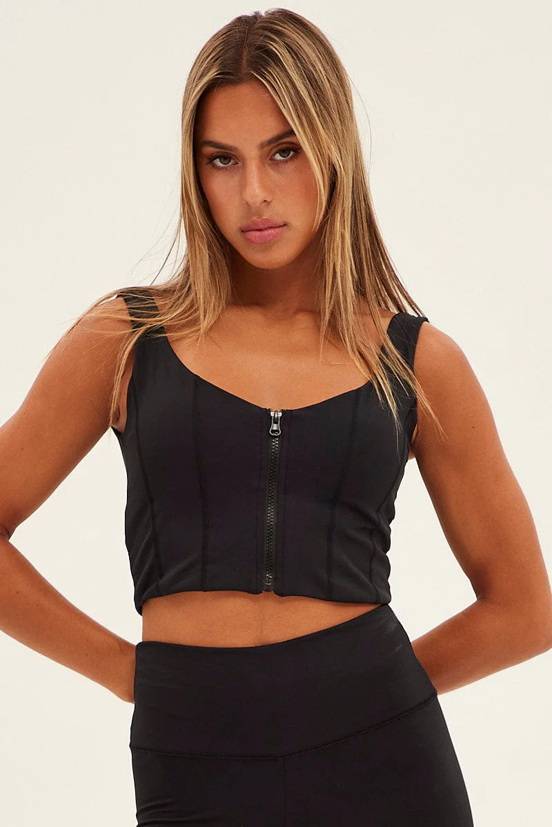 Black Zip Front Top Sleeveless Crop