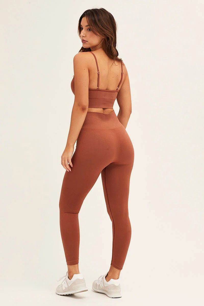 Brown Seamless Activewear Top And Pants Set