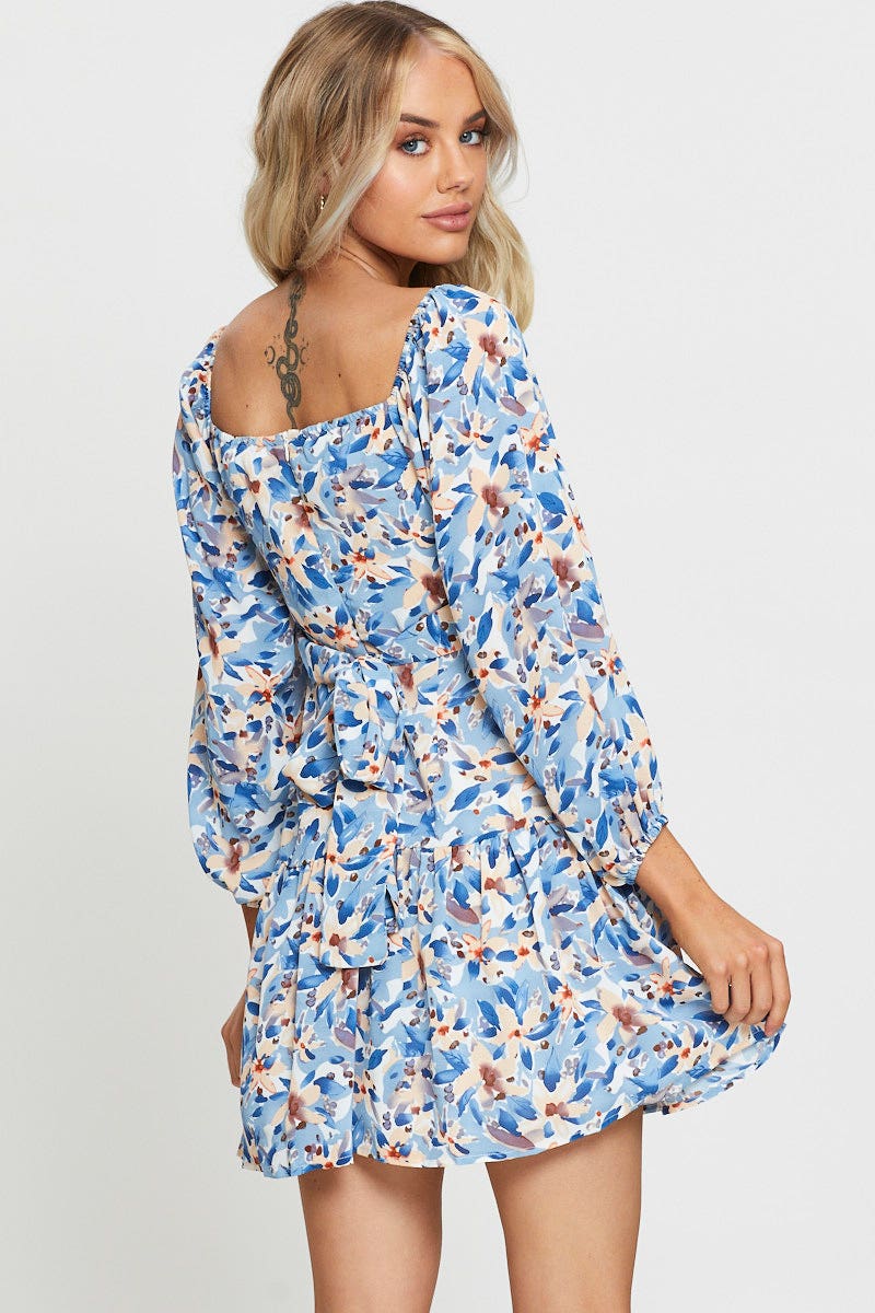Print Mini Dress Square Neck