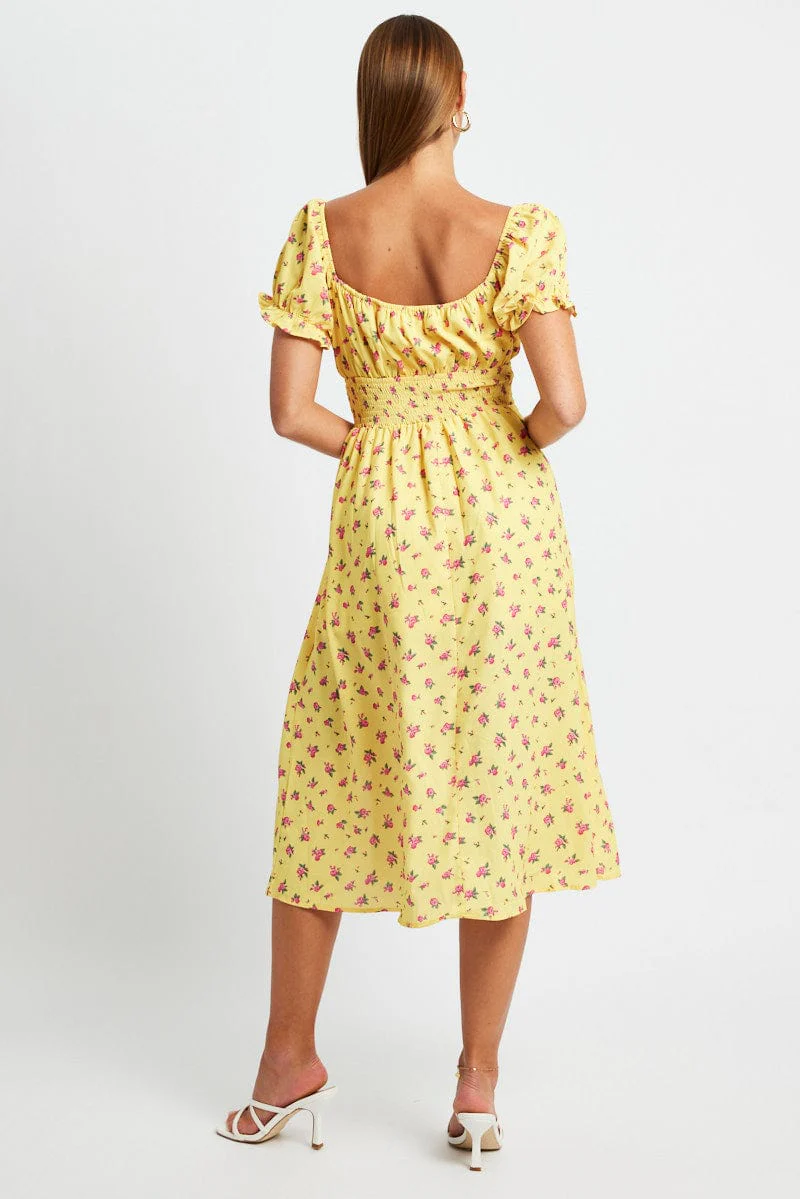 Yellow Floral Midi Dress Short Sleeve Ruched Bust