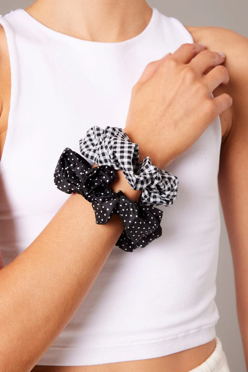 Black 3 Pack Print Scrunchies