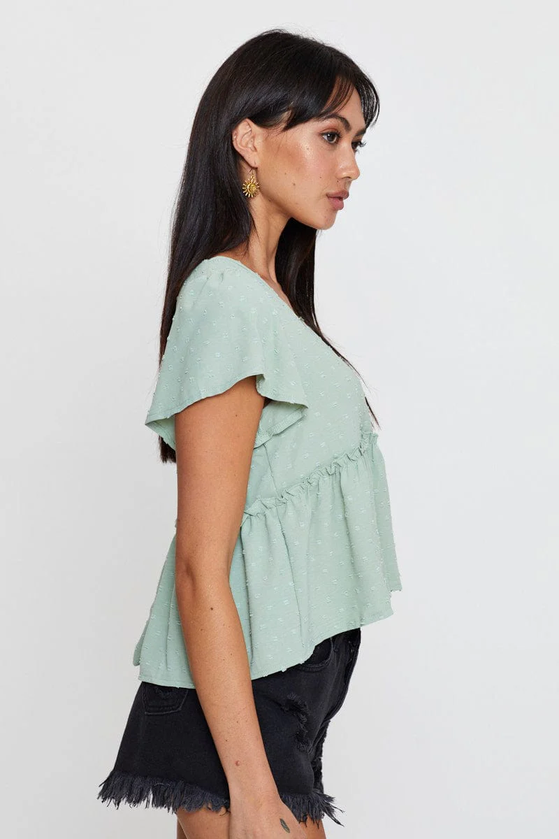 Green Peplum Top Short Sleeve Button Front