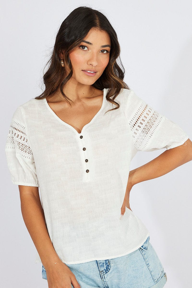 White Top lace details sleeve texture cotton