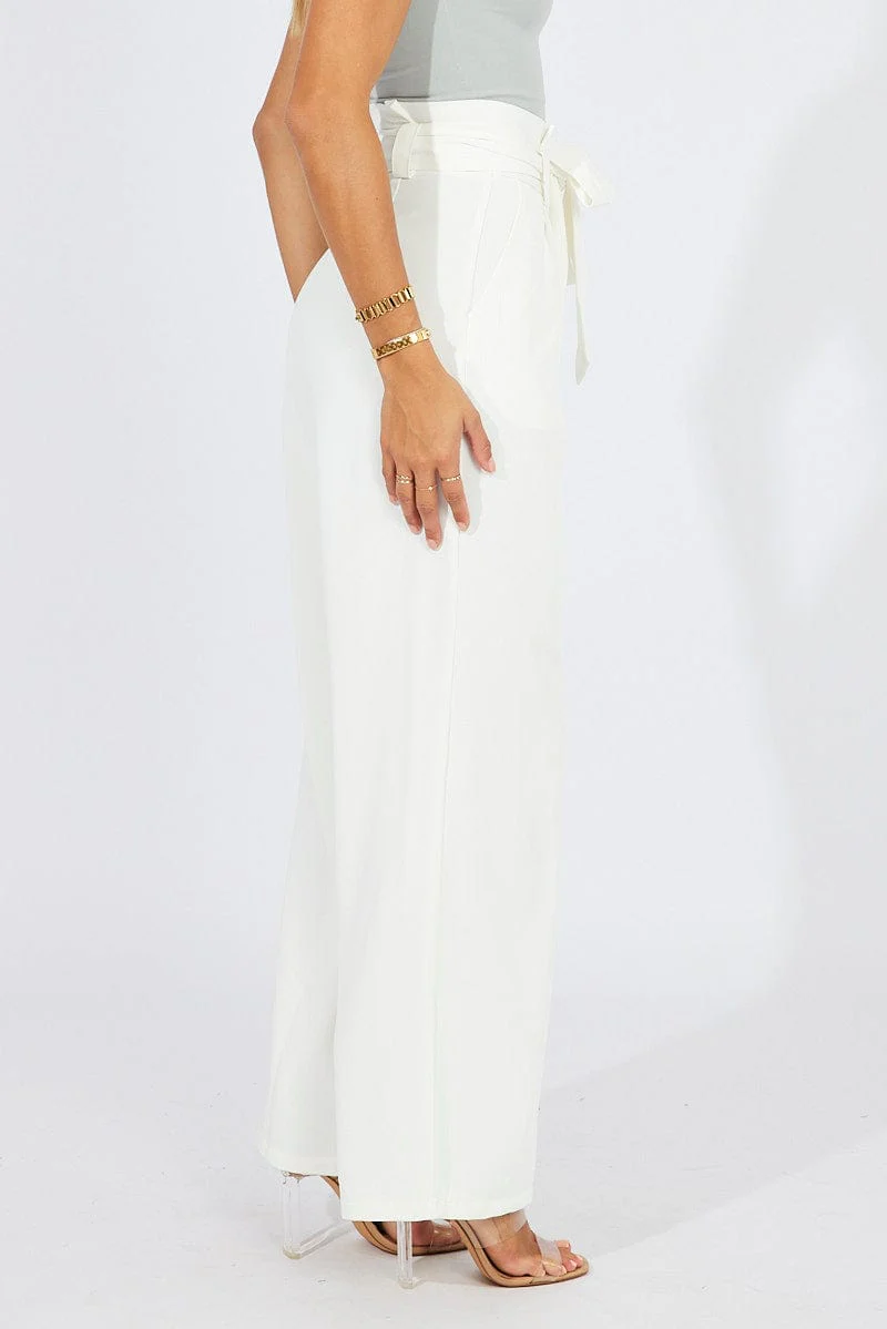 White Wide Leg Pants Paper Bag Waist