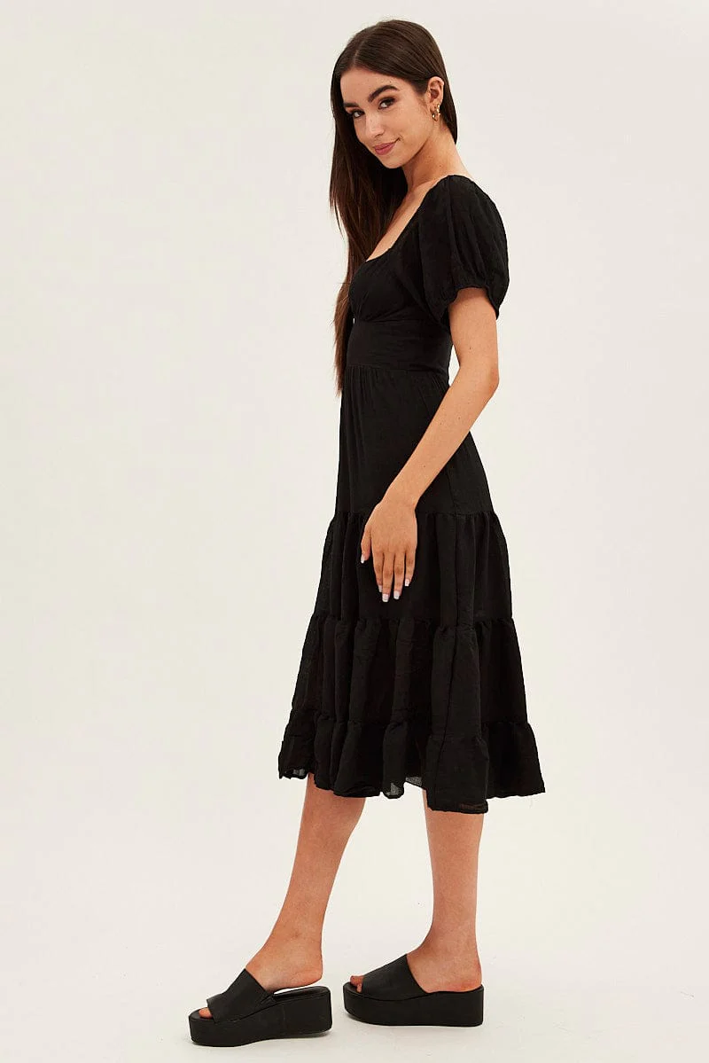 Black Midi Dress Short Sleeve V-Neck