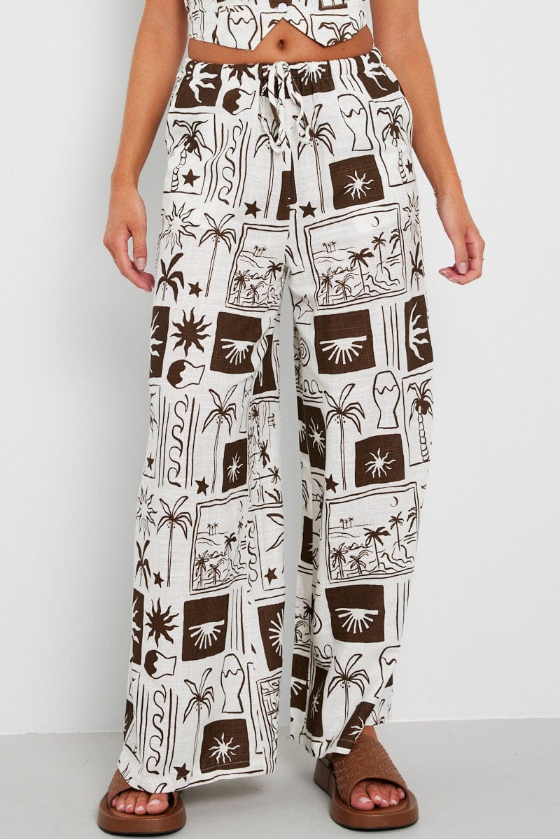 Brown Abstract Wide Leg Pants High Rise