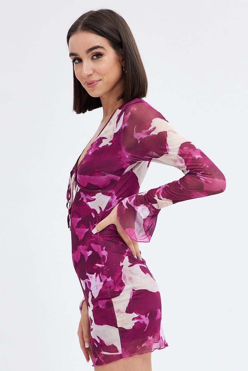 Pink Abstract Mesh Dress Long Sleeve Mini