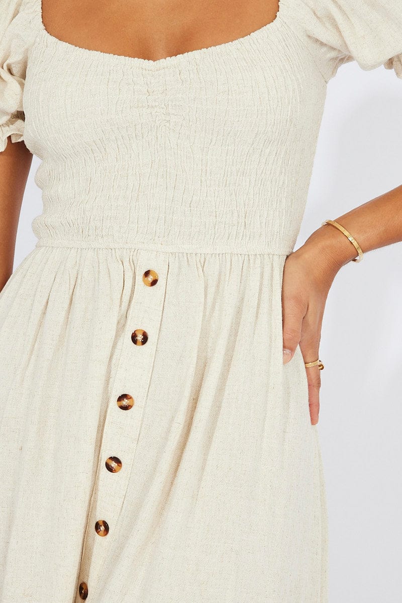 Beige Midi Dress Puff Sleeve Linen Blend