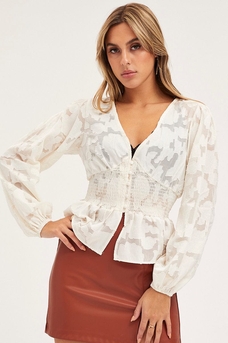 Beige Peplum Top Long Sleeve V-Neck