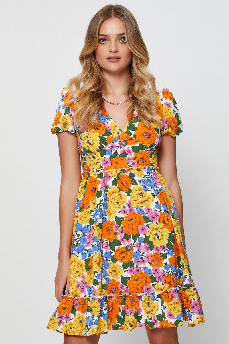 Print Fit And Flare Dress Short Sleeve V Neck