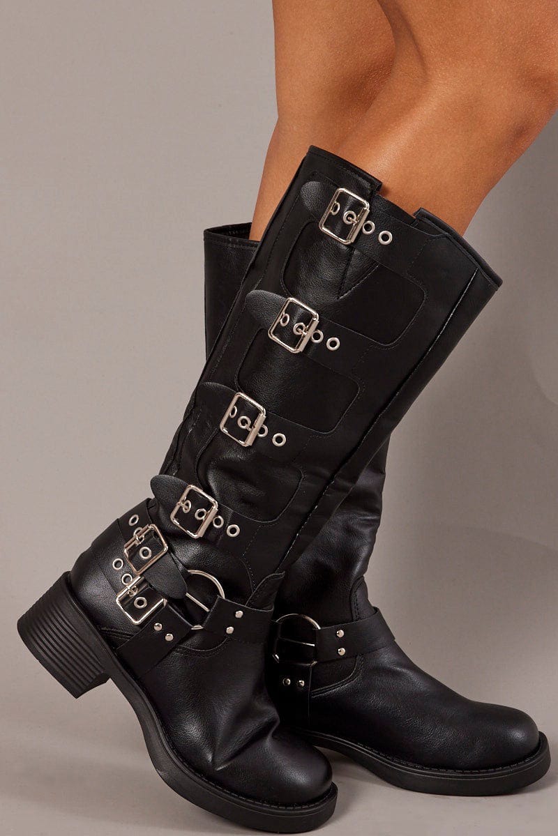 Black Buckle Detail Biker Boots