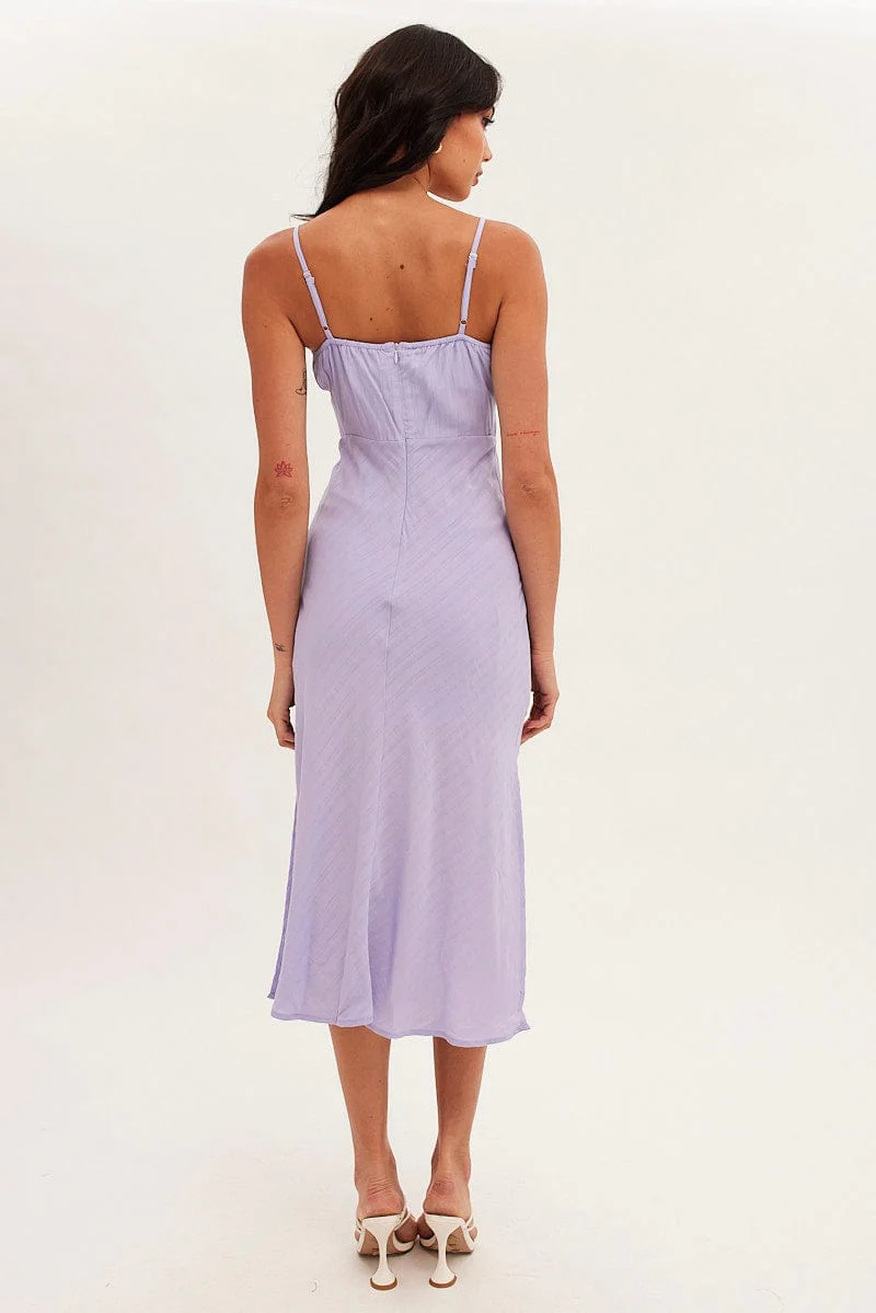 Purple Midi Dress Sleeveless Ruched Bust
