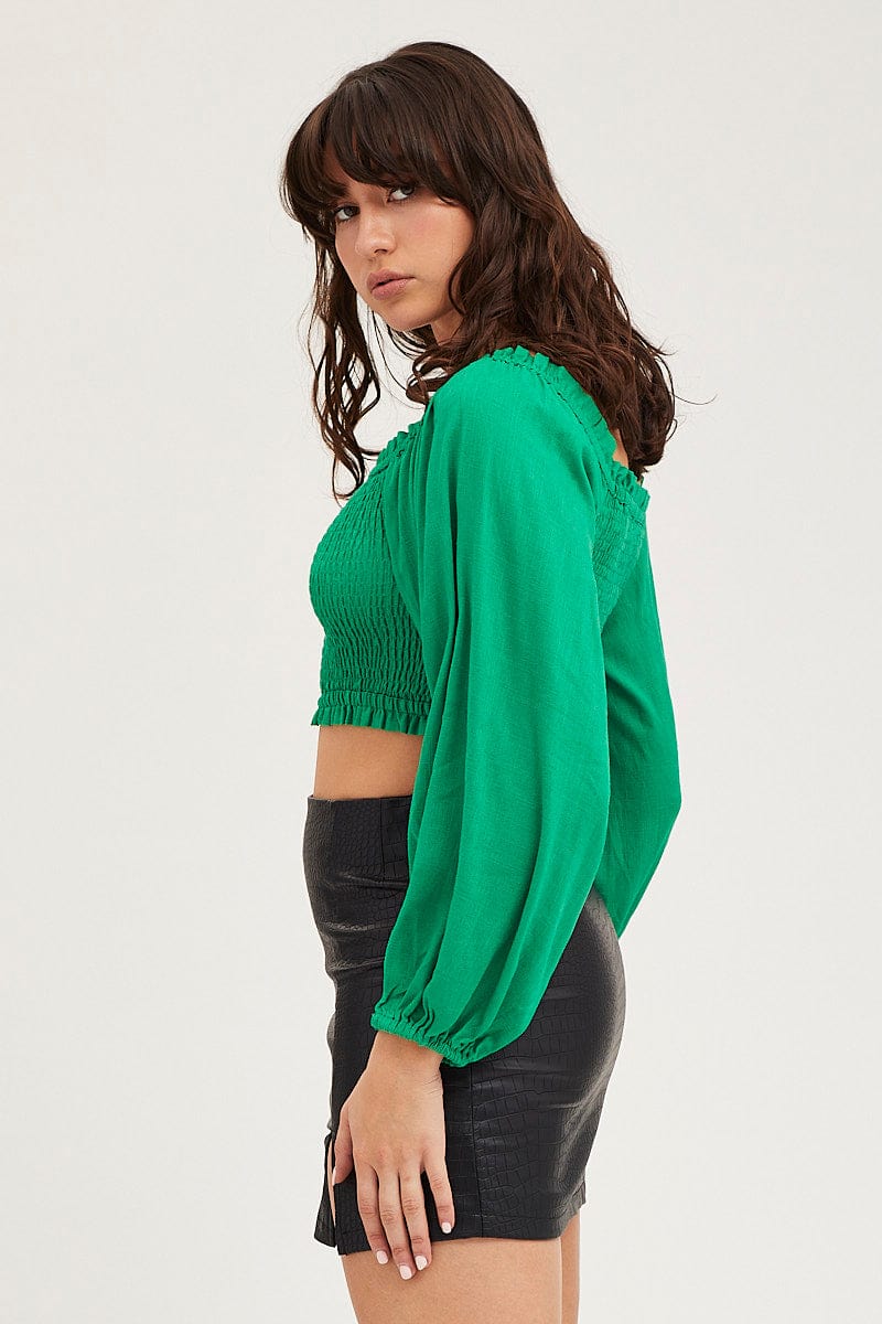 Green Off Shoulder Smocking Volume Sleeve Top