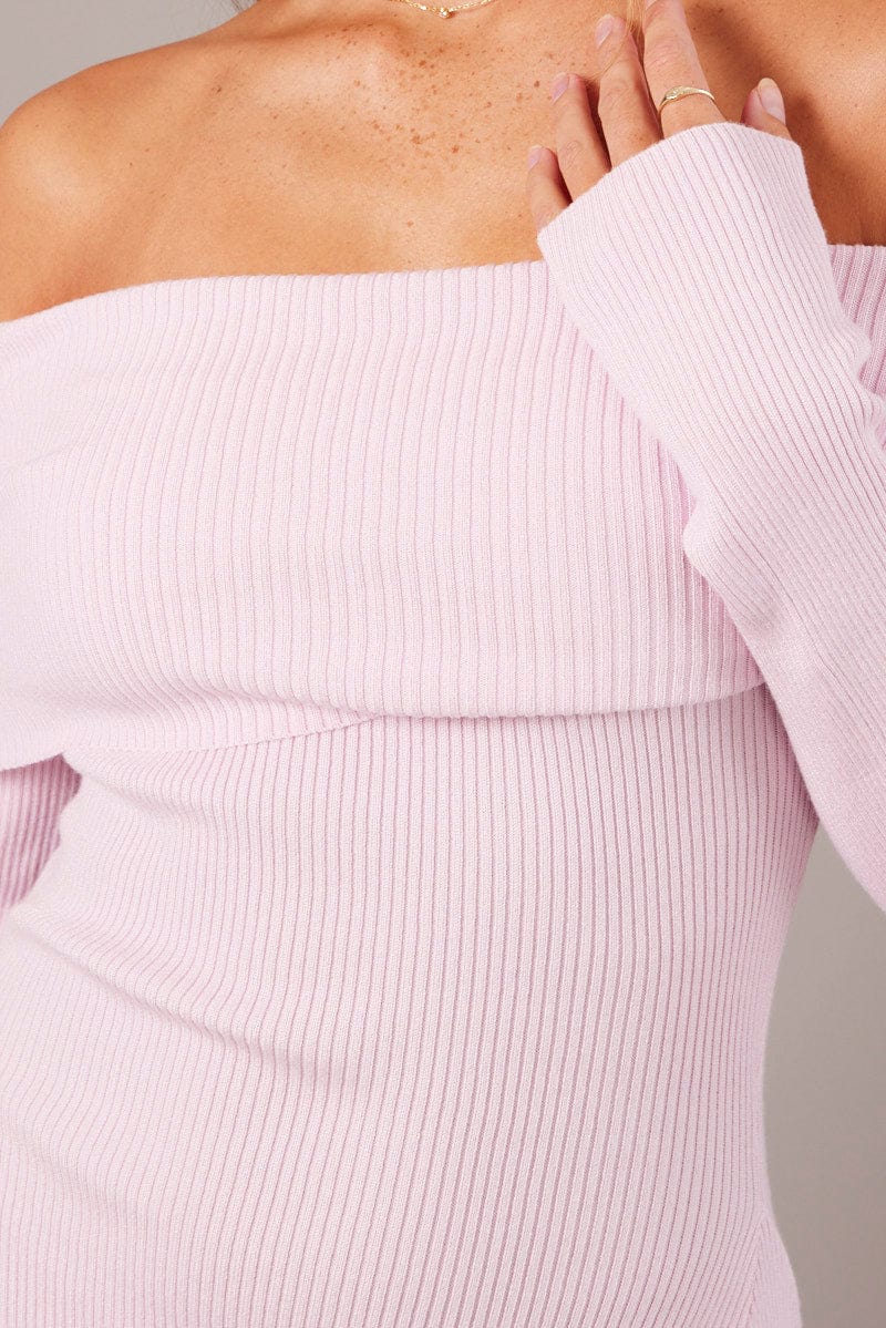 Pink Knit Dress Long Sleeve Off Shoulder