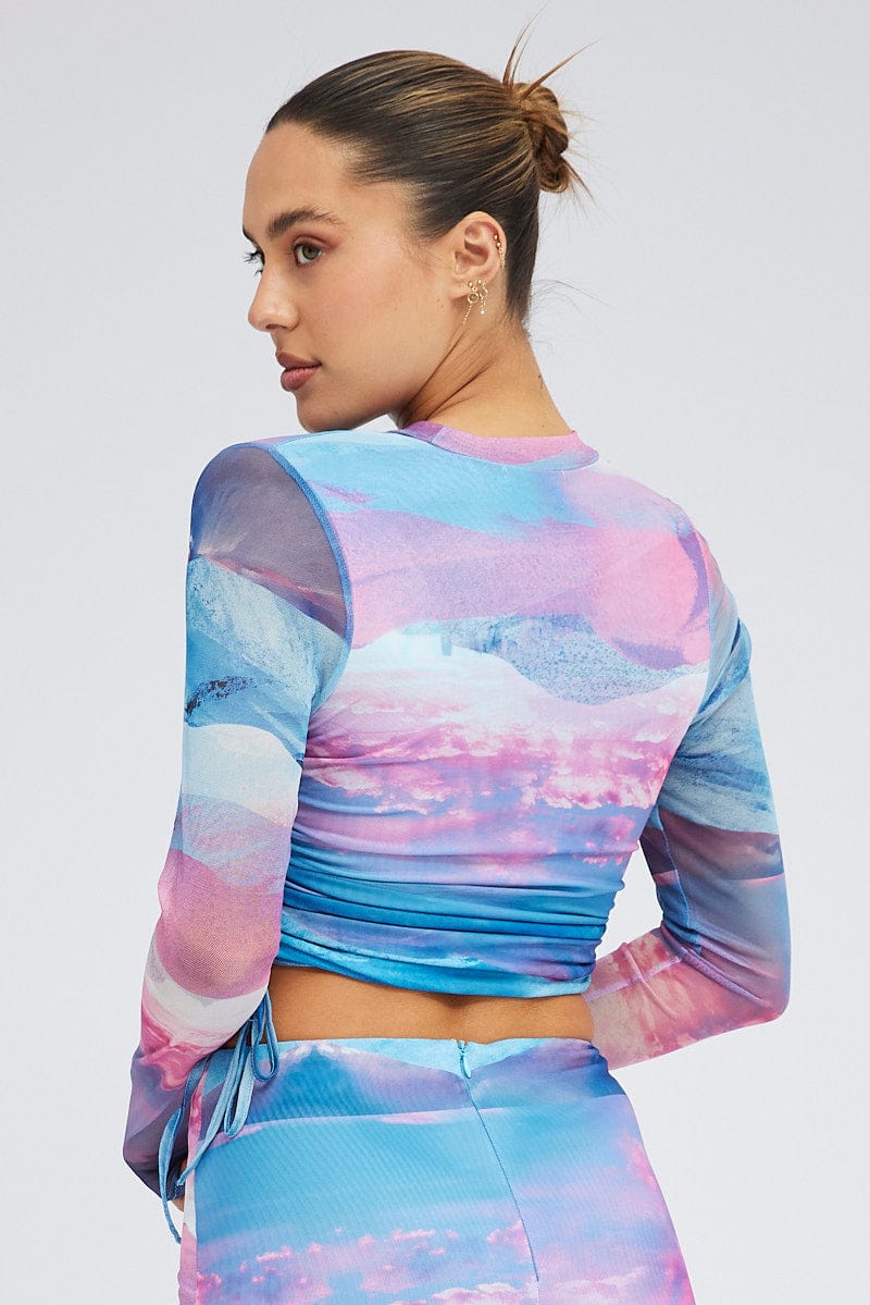 Pink Abstract Top Long Sleeve Crew Neck Print Mesh