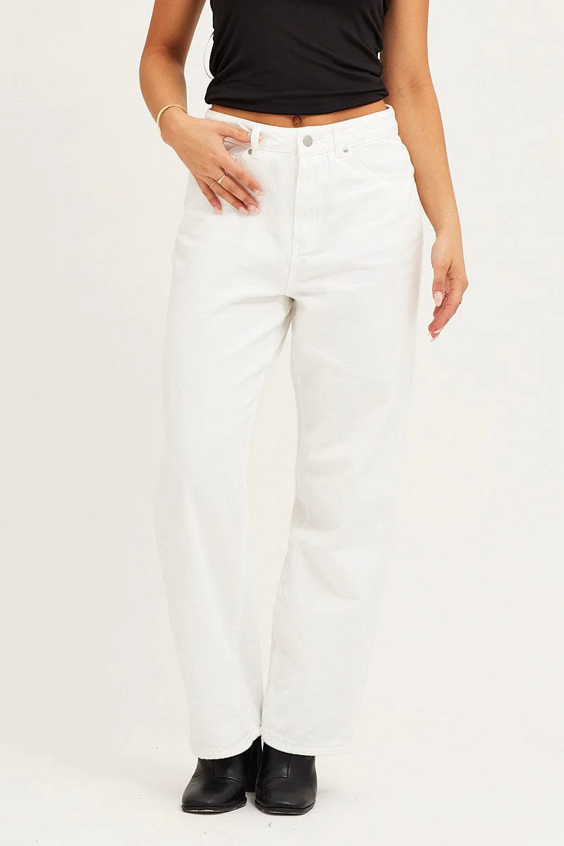 White Denim Jeans High Rise Wide Leg