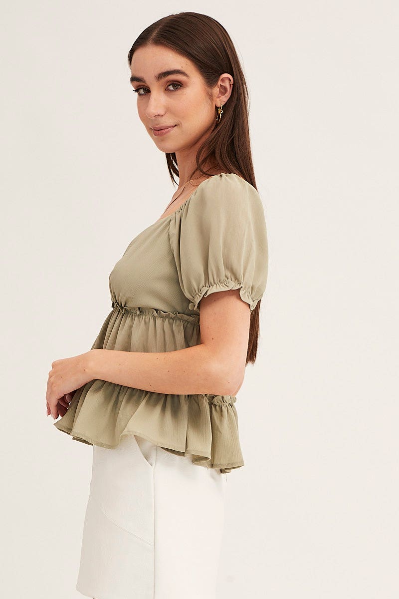 Green Frill Detail V Neck Boxy Top