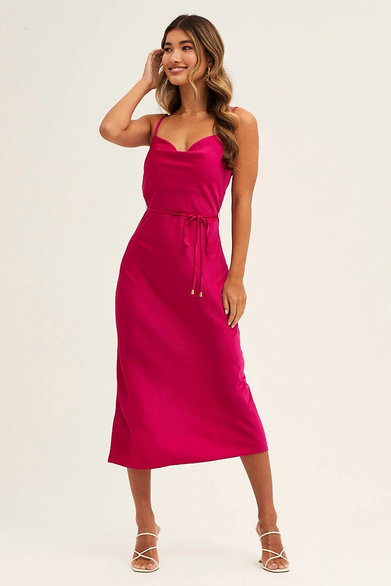 Purple Midi Dress Cowl Neck Tie Slip Satin
