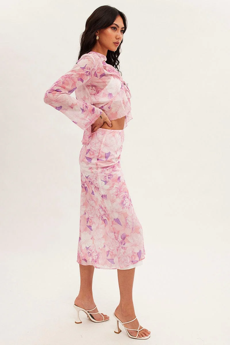 Pink Floral Midi Skirt Floral Printed Chiffon