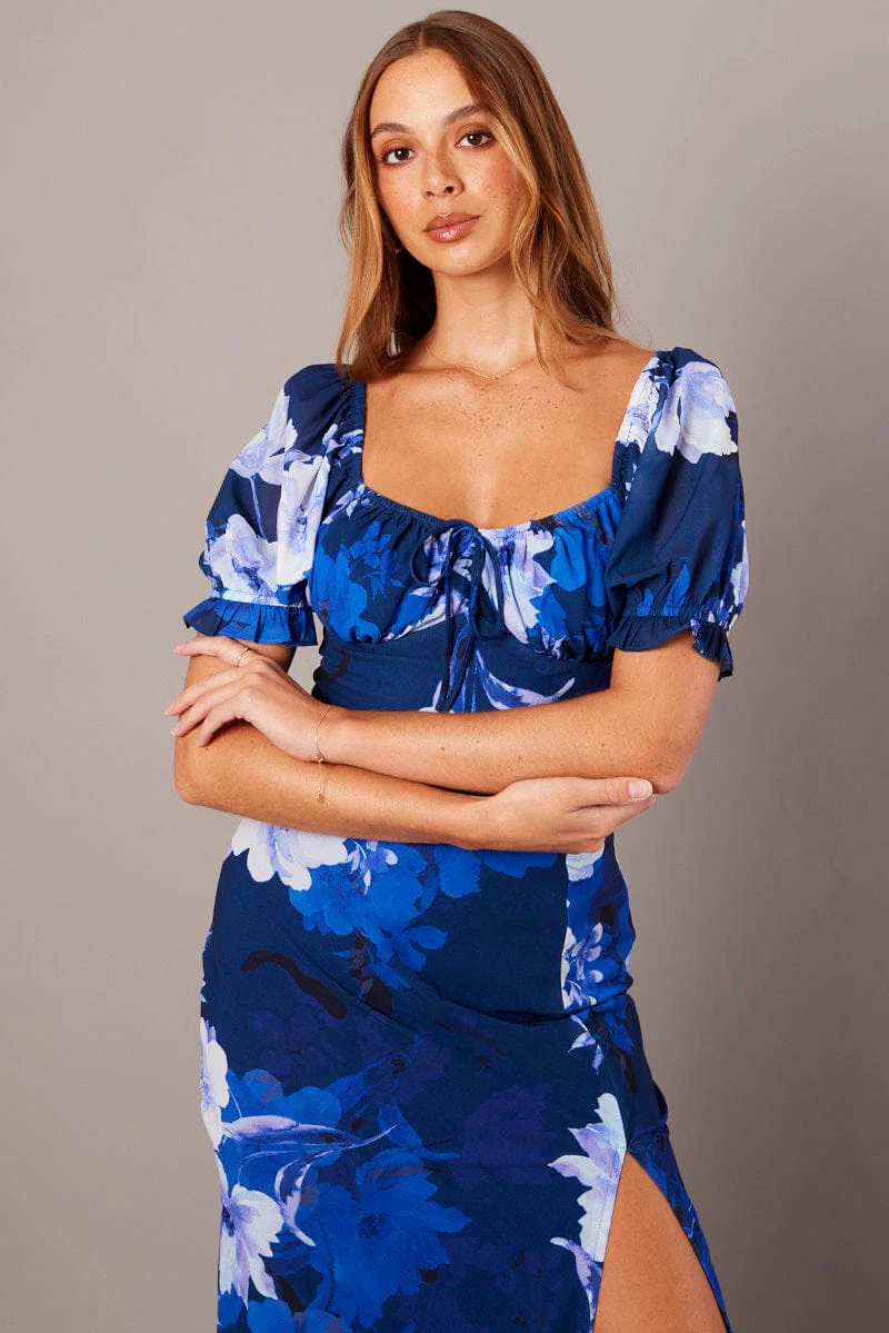 Blue Floral Midi Dress Puff Sleeve