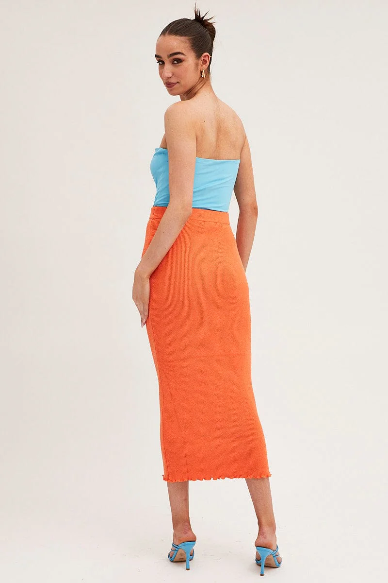 Orange Maxi Skirt Knit High Waist