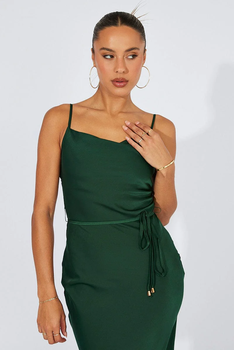 Green Maxi Dress Cowl Neck Satin