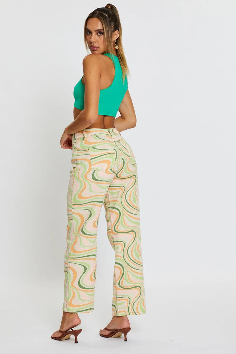 Marble Print Straight Denim Jeans High Rise