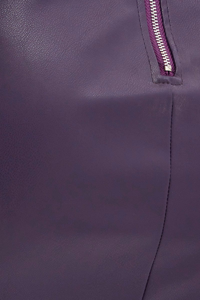 Purple Faux Leather Mini Skirt Mid Rise Stretch