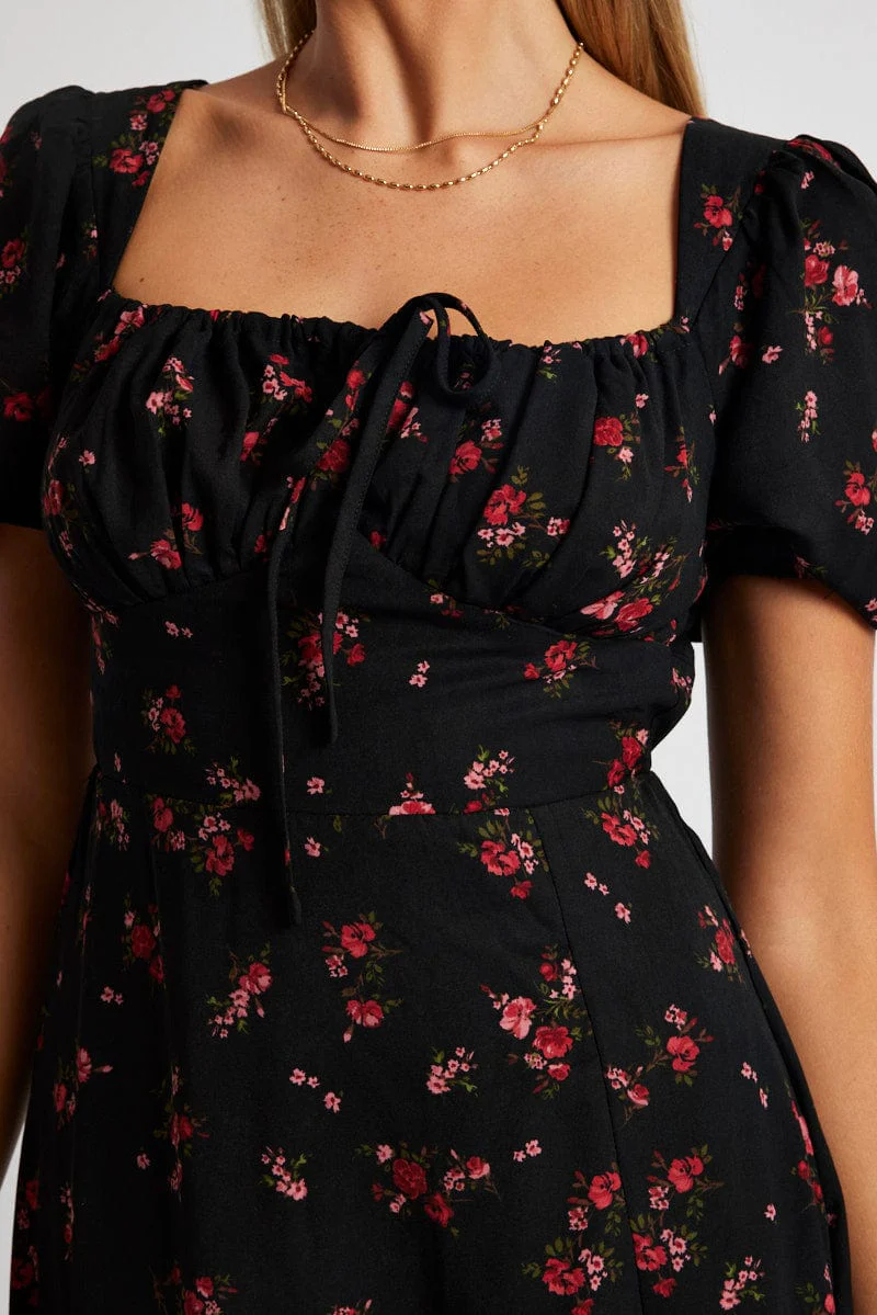 Black Ditsy Midi Dress Short Sleeve Side Split