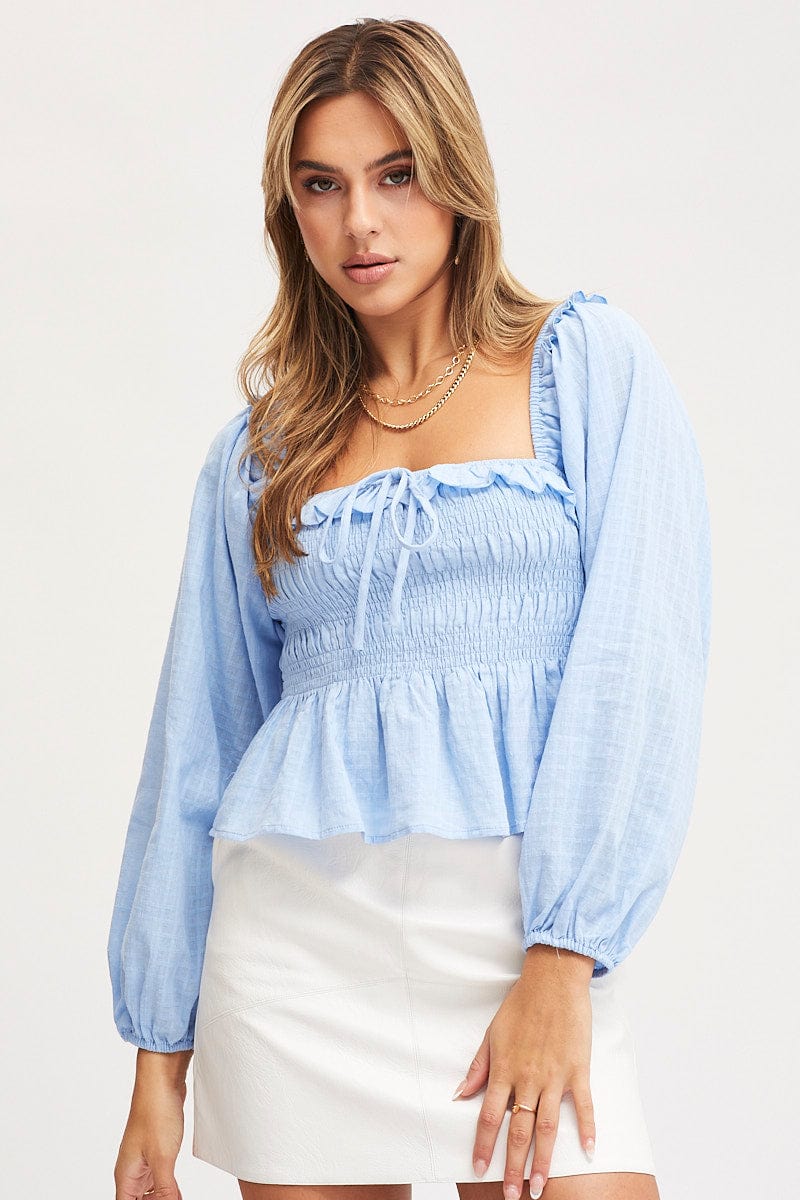 Blue Peplum Top Long Sleeve Semi Crop