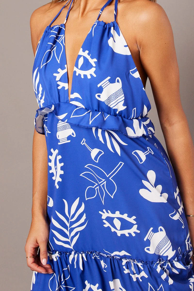 Blue Abstract Maxi Dress Halter Neck Tiered Ruffle Dress
