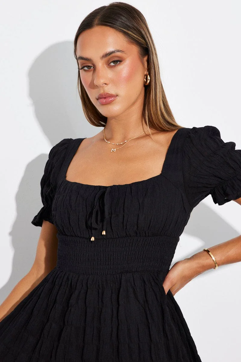 Black Fit And Flare Dress Puff Sleeve