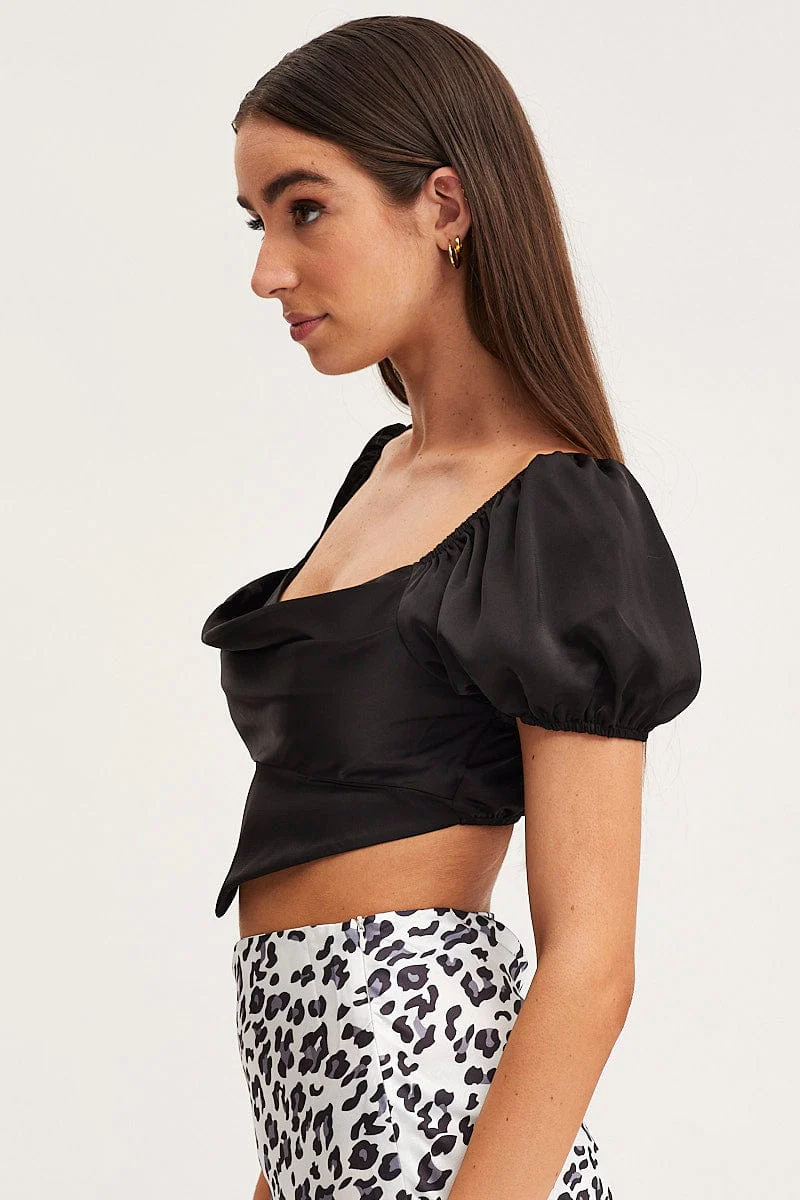 Black Scarf Top Short Sleeve Crop